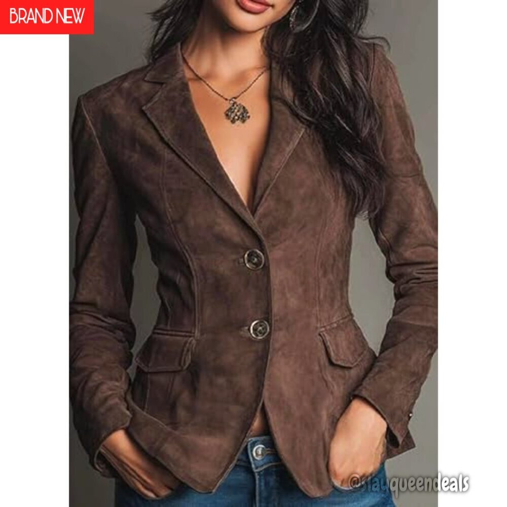 Vintage Faux Suede Blazer Slim Fit Lapel Jacket with Pockets Work Casual - Picture 3 of 7
